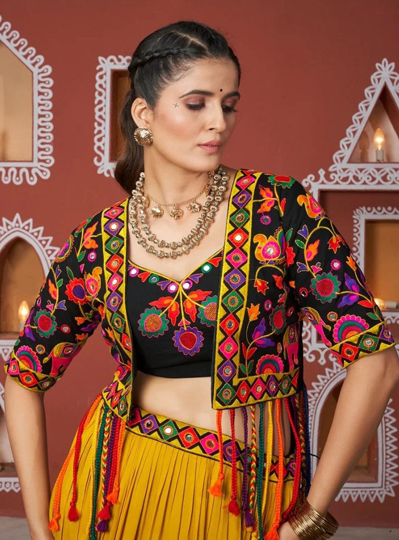 Black Yellow 3 piece lehenga with jacket