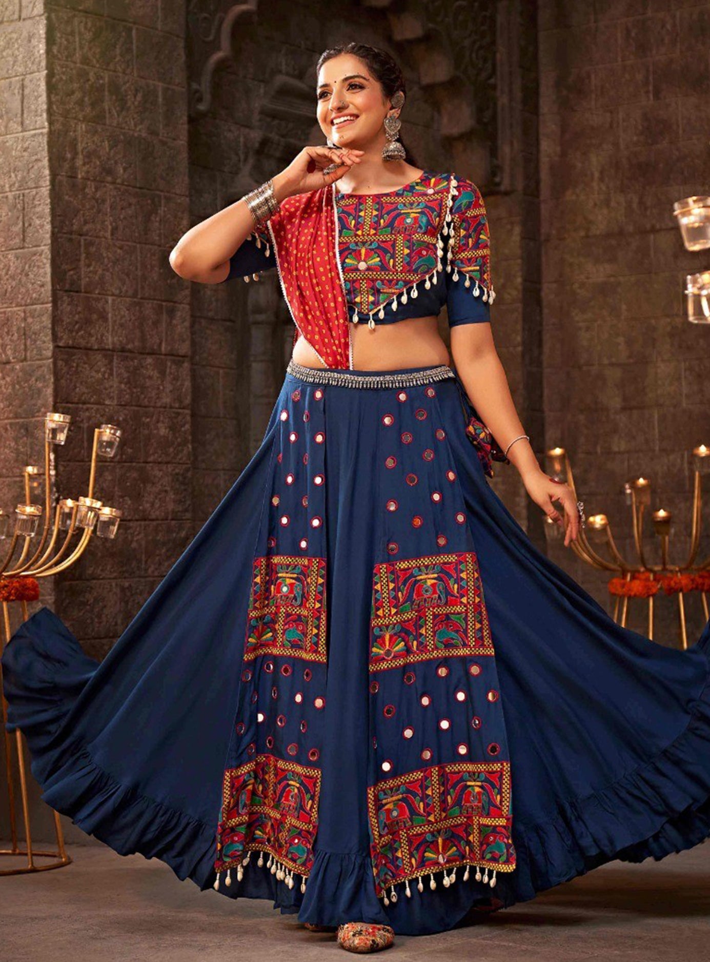 Navy Red Panel Ghagra