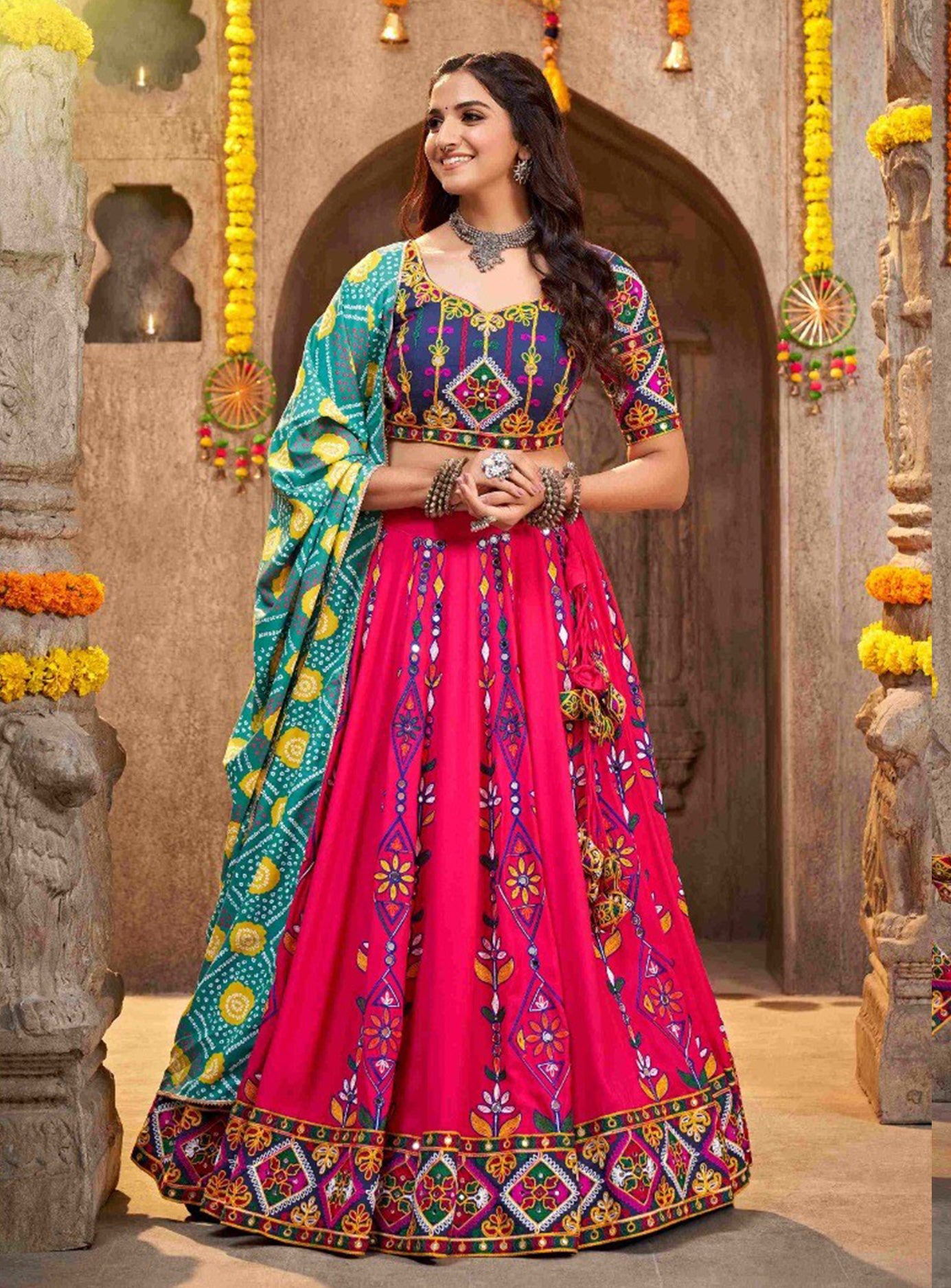 PINK TURQUOISE NAVY 3 PIECE LEHENGA CHOLI