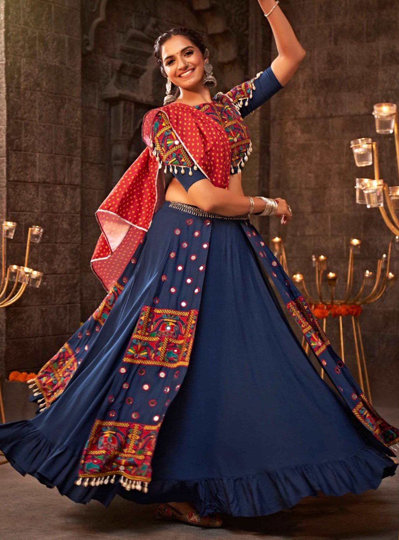 Navy Red Panel Ghagra
