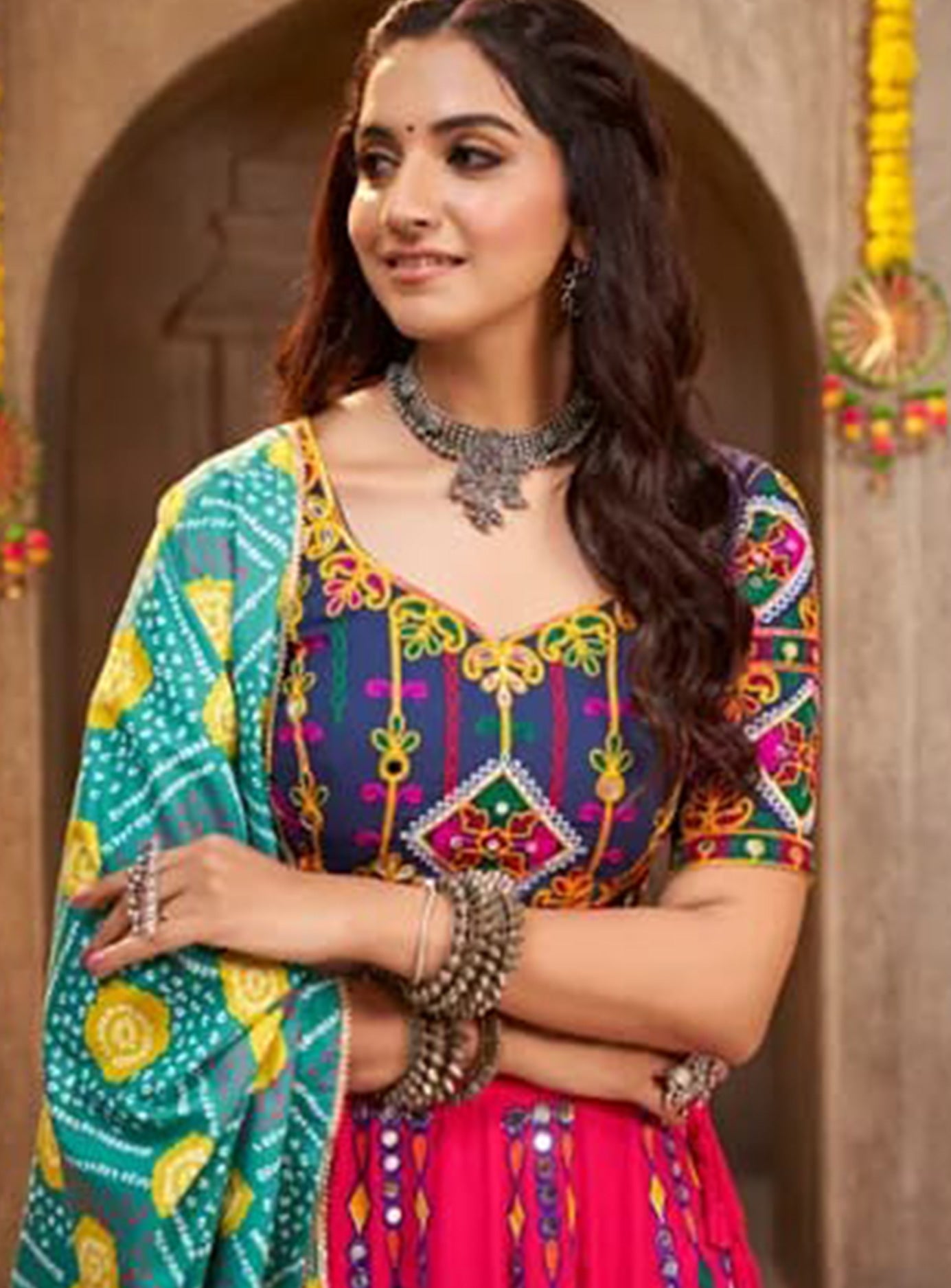 PINK TURQUOISE NAVY 3 PIECE LEHENGA CHOLI