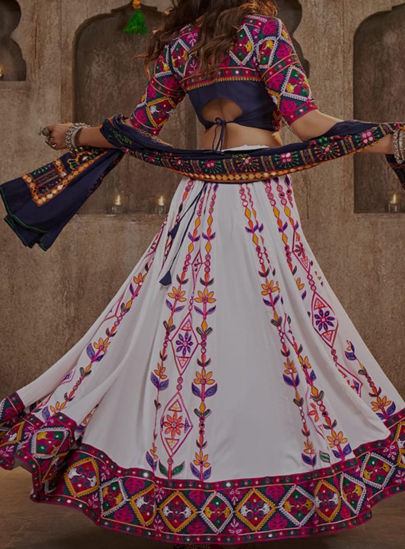 WHITE NAVY 3 PIECE LEHENGA SET
