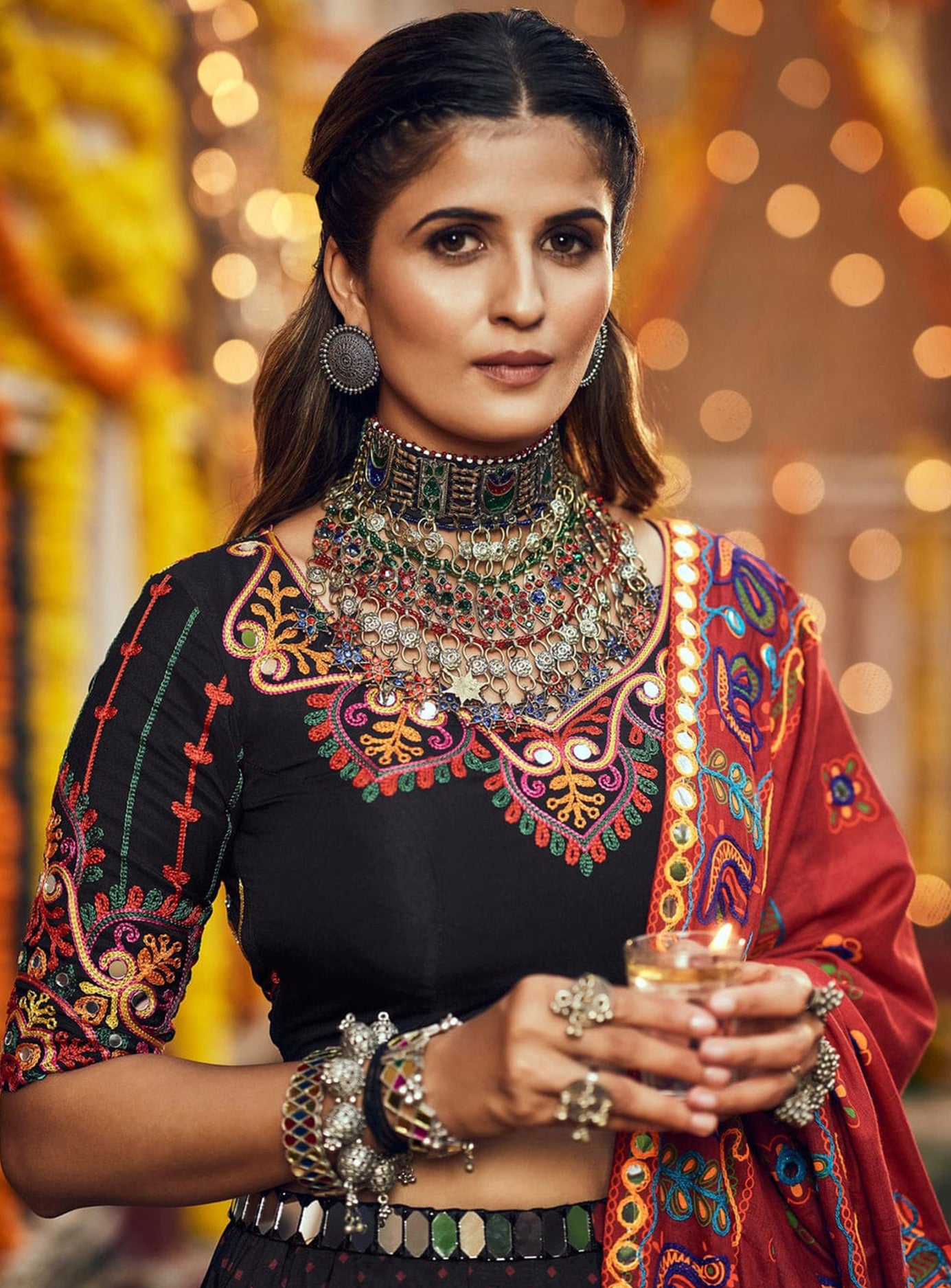 Black Red 3 piece lehenga set