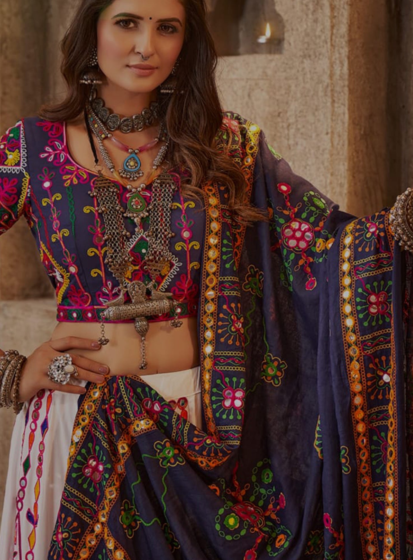 WHITE NAVY 3 PIECE LEHENGA SET