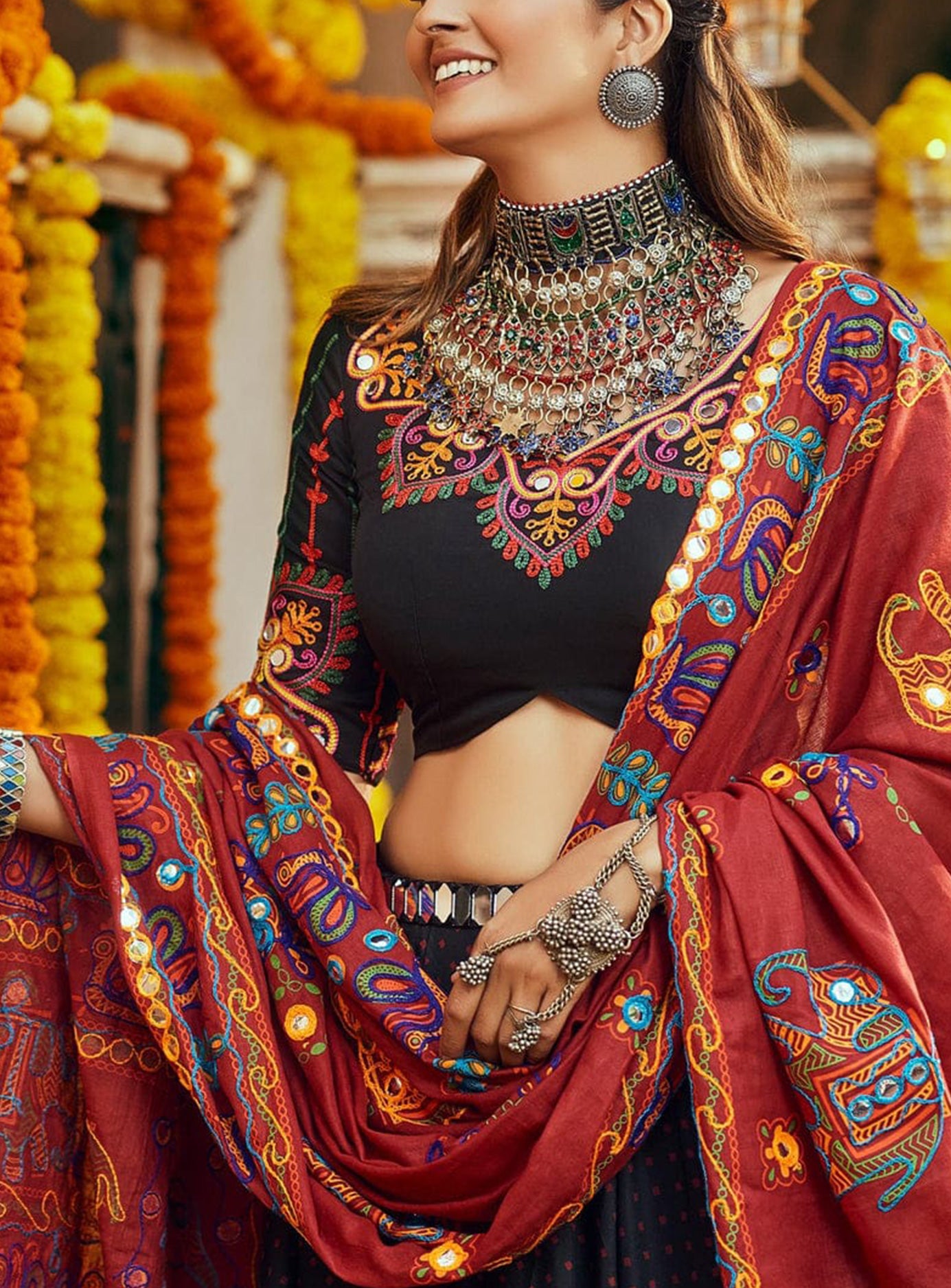Black Red 3 piece lehenga set