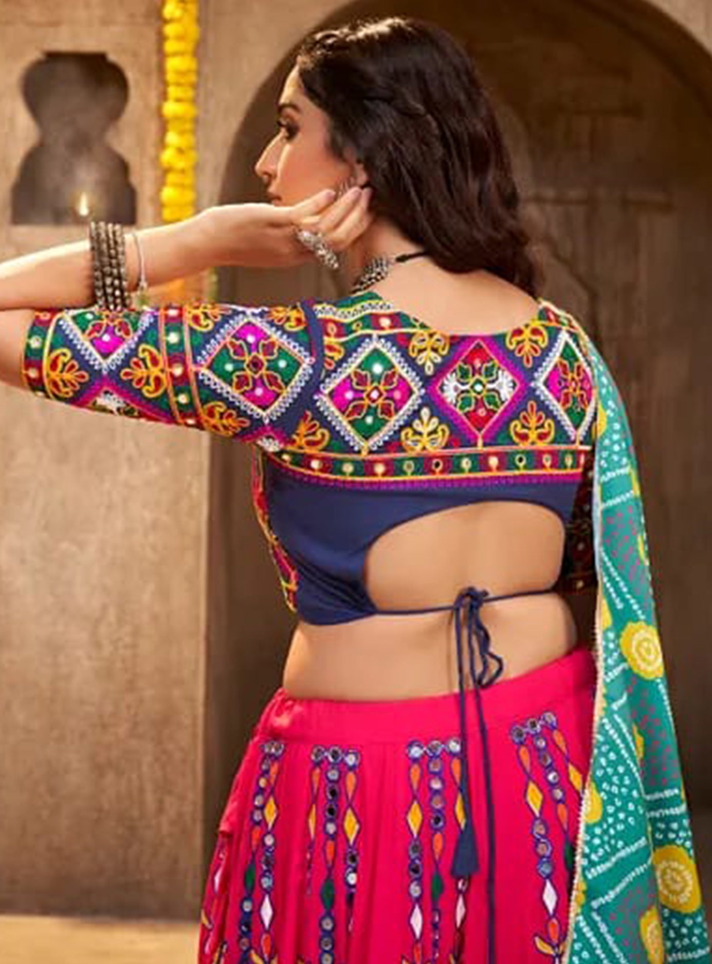 PINK TURQUOISE NAVY 3 PIECE LEHENGA CHOLI