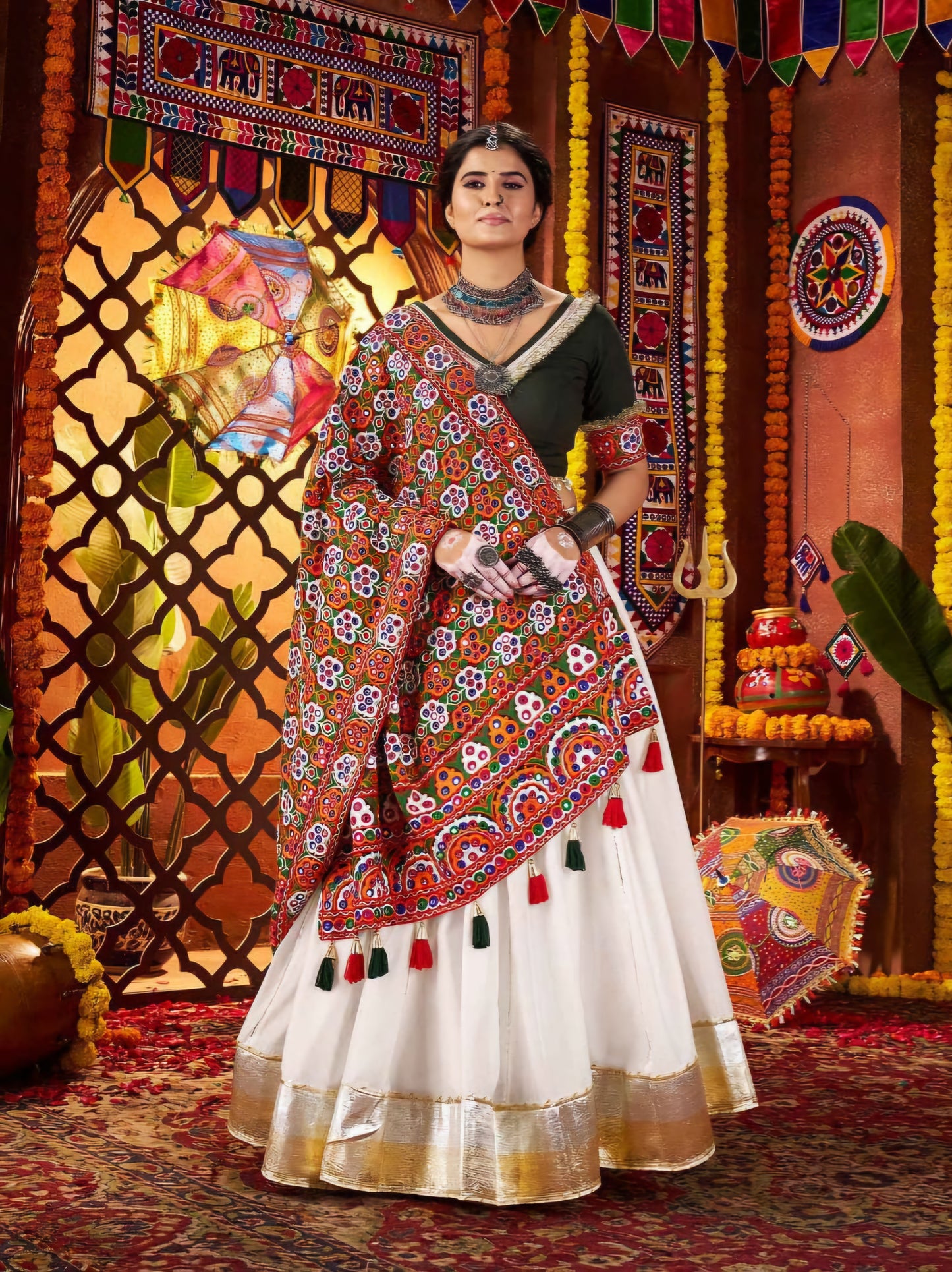 WHITE 3 PIECE NAVRATRI LEHENGA CHOLI