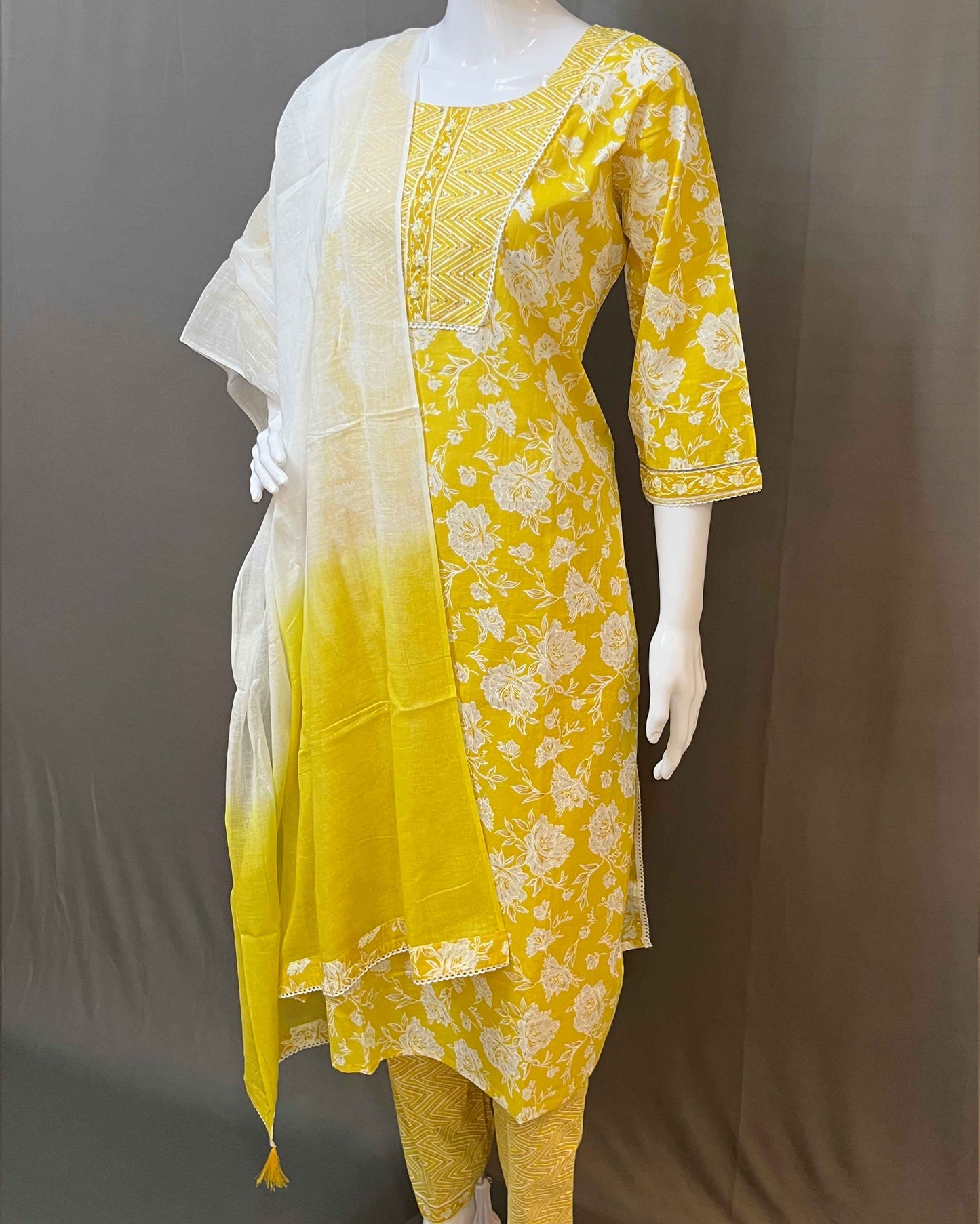 Floral print cotton 3 piece stitched suit