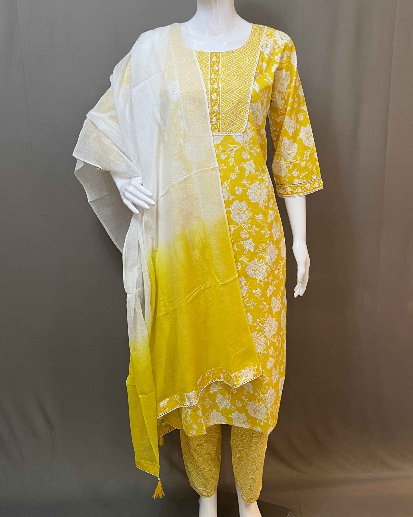 Floral print cotton 3 piece stitched suit