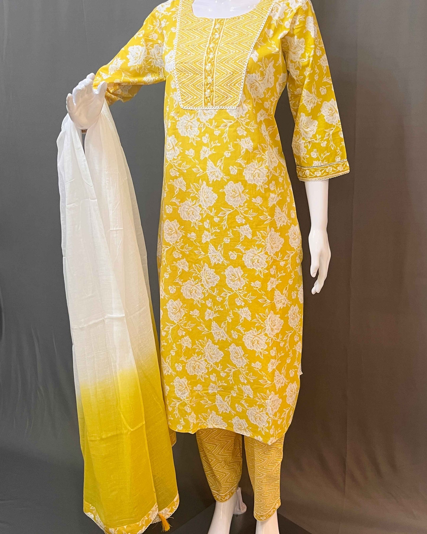 Floral print cotton 3 piece stitched suit