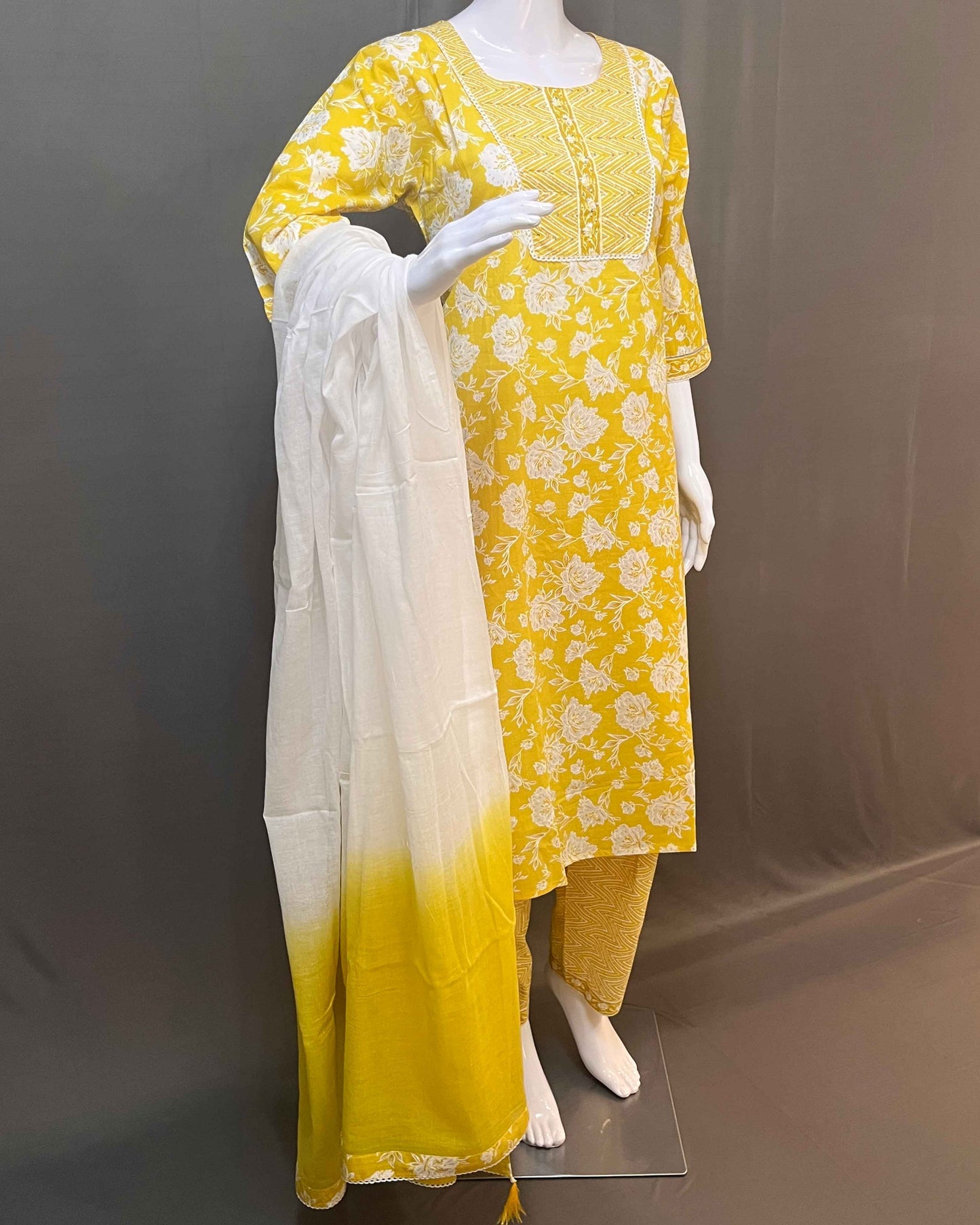 Floral print cotton 3 piece stitched suit