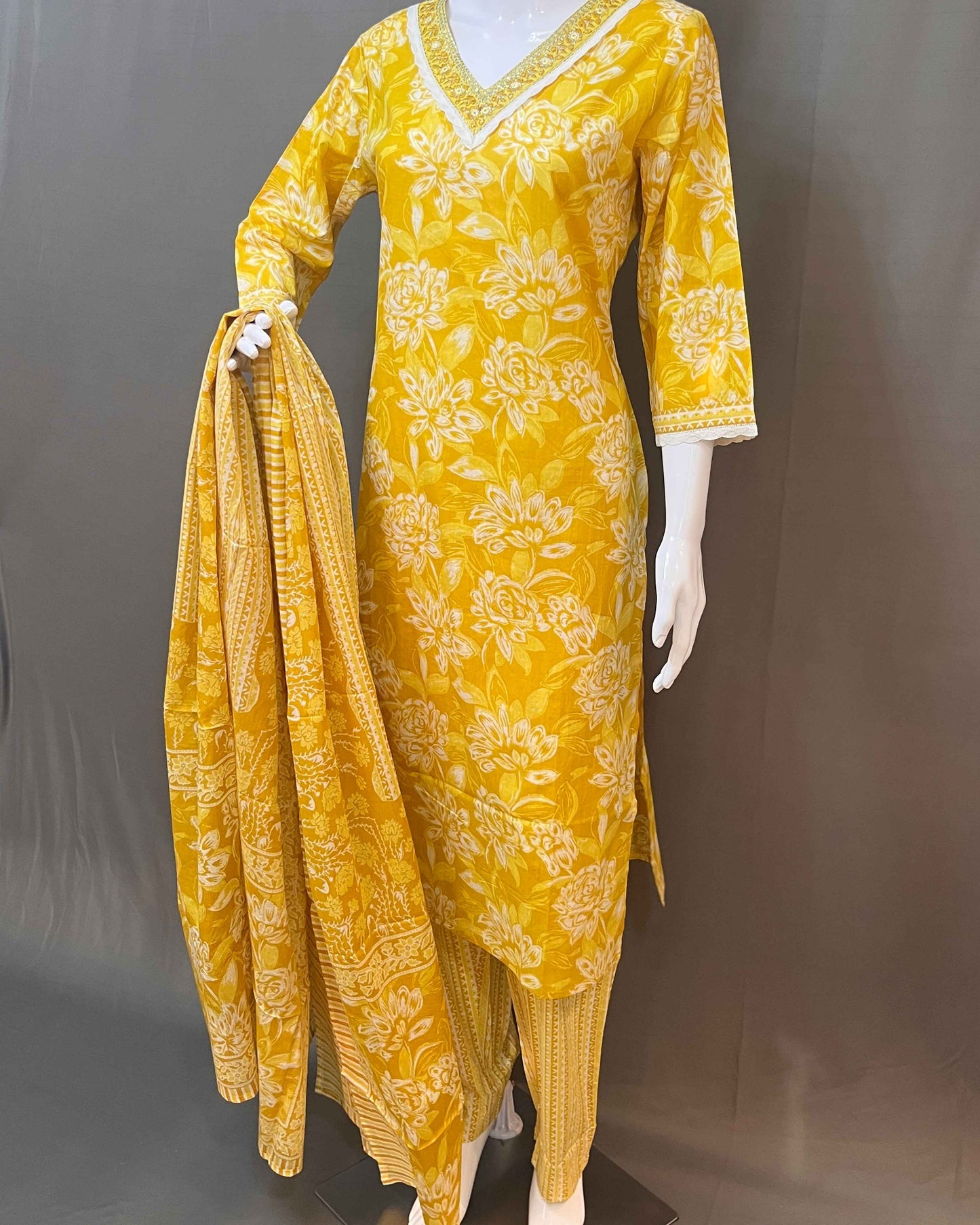 3 piece cotton printed suit with pants and dupatta