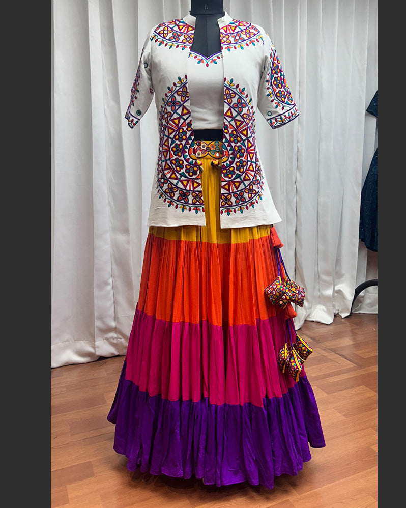 WHITE AND MULTI COLORED LAYER GHAGRA WITH JACKET