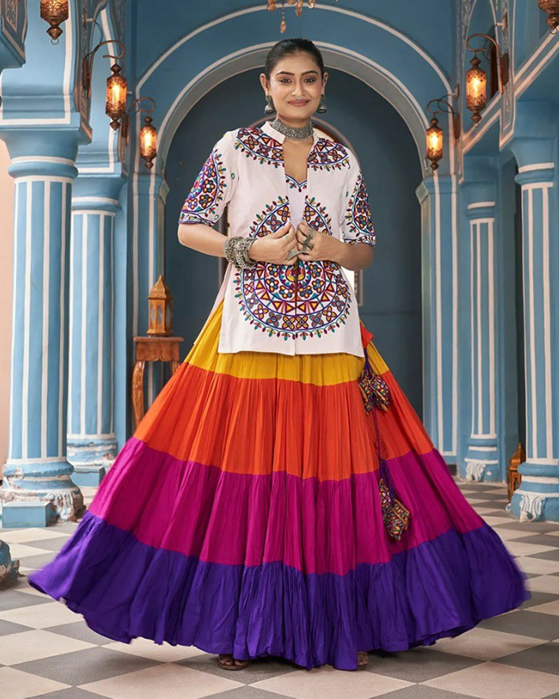 WHITE AND MULTI COLORED LAYER GHAGRA WITH JACKET