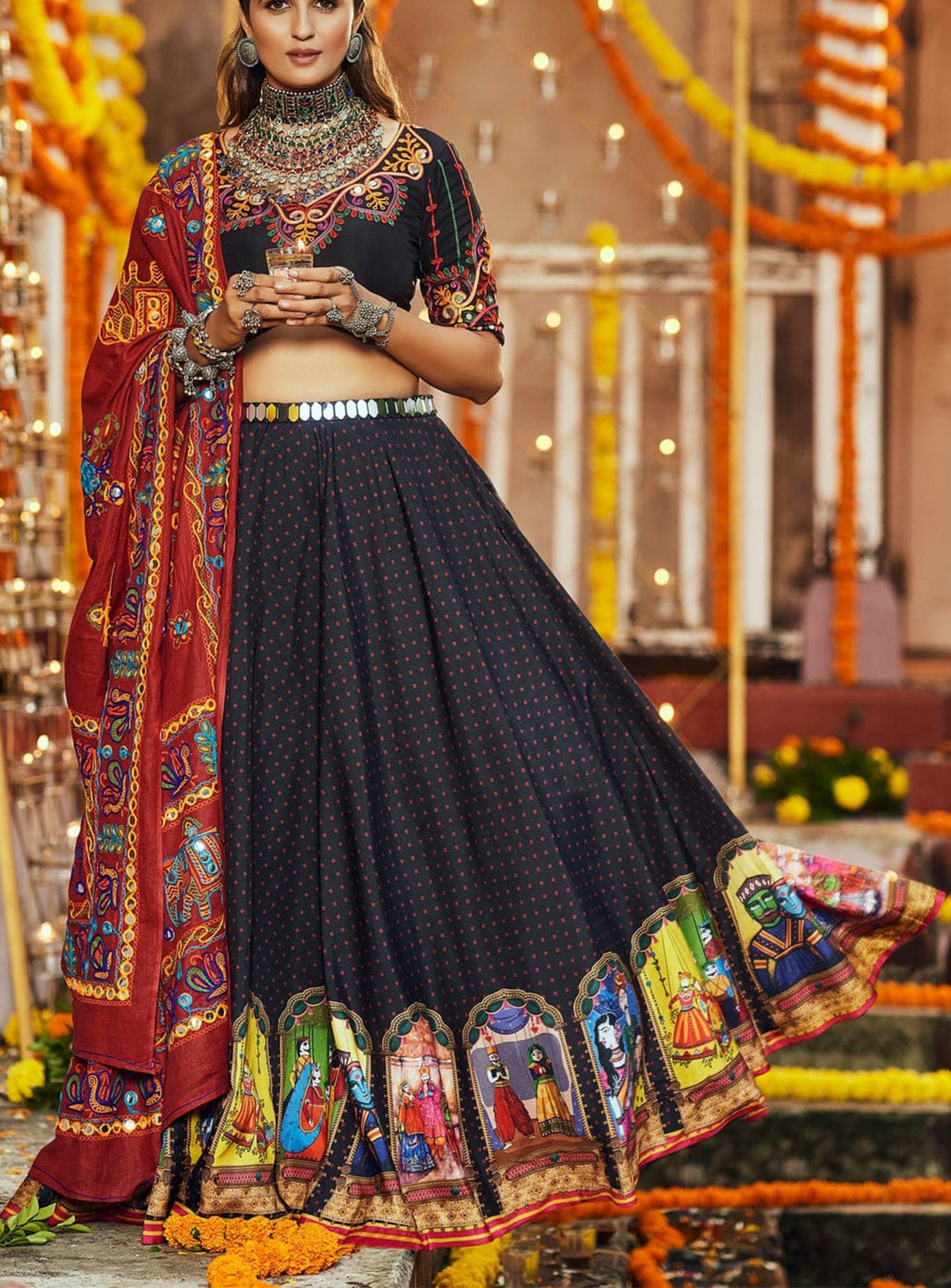 Black Red 3 piece lehenga set