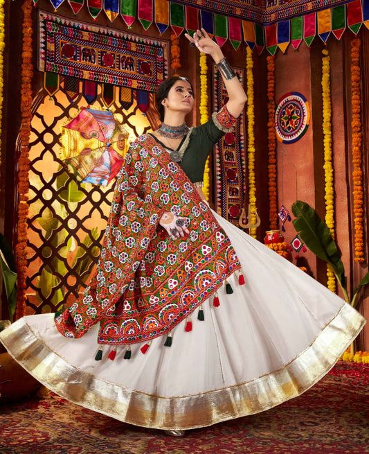 WHITE 3 PIECE NAVRATRI LEHENGA CHOLI