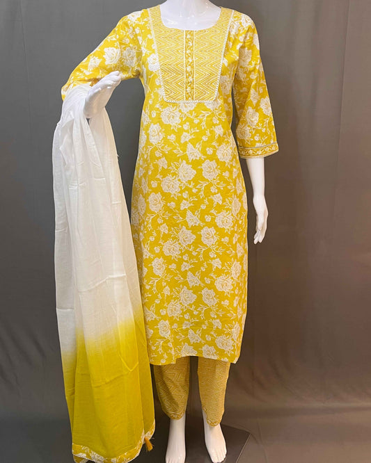 Floral print cotton 3 piece stitched suit