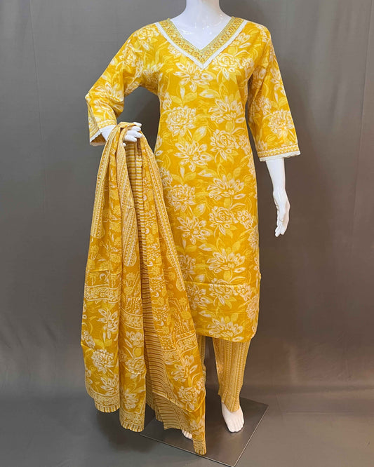 3 piece cotton  printed suit with pants and dupatta