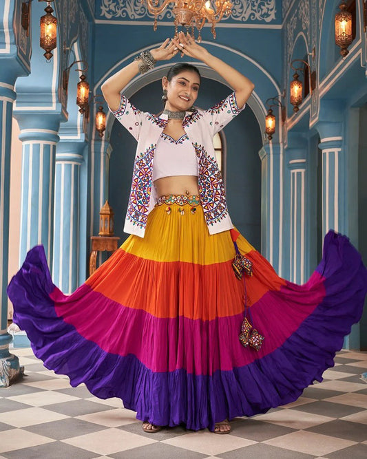 WHITE AND MULTI COLORED LAYER GHAGRA WITH JACKET